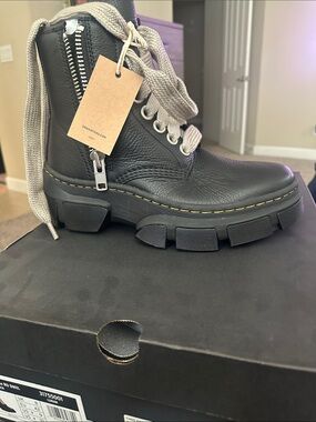Rick Owens Black Leather Lug Sole Boots with Gray Laces